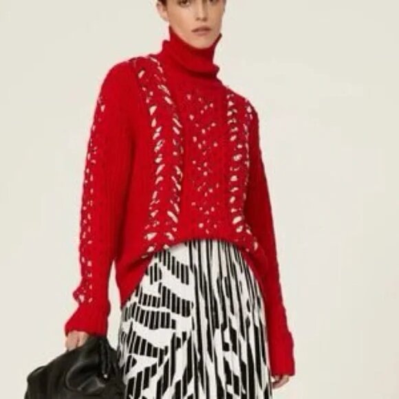 Jason Wu Red Merino Wool cableknit interlocked crepe ribbons Turtleneck Sweater - Picture 1 of 16